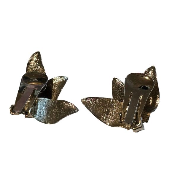 Vintage Silver Tone Leaf Clip-On Earrings w/ Rhinestones • Retro Costume - Picture 2 of 2
